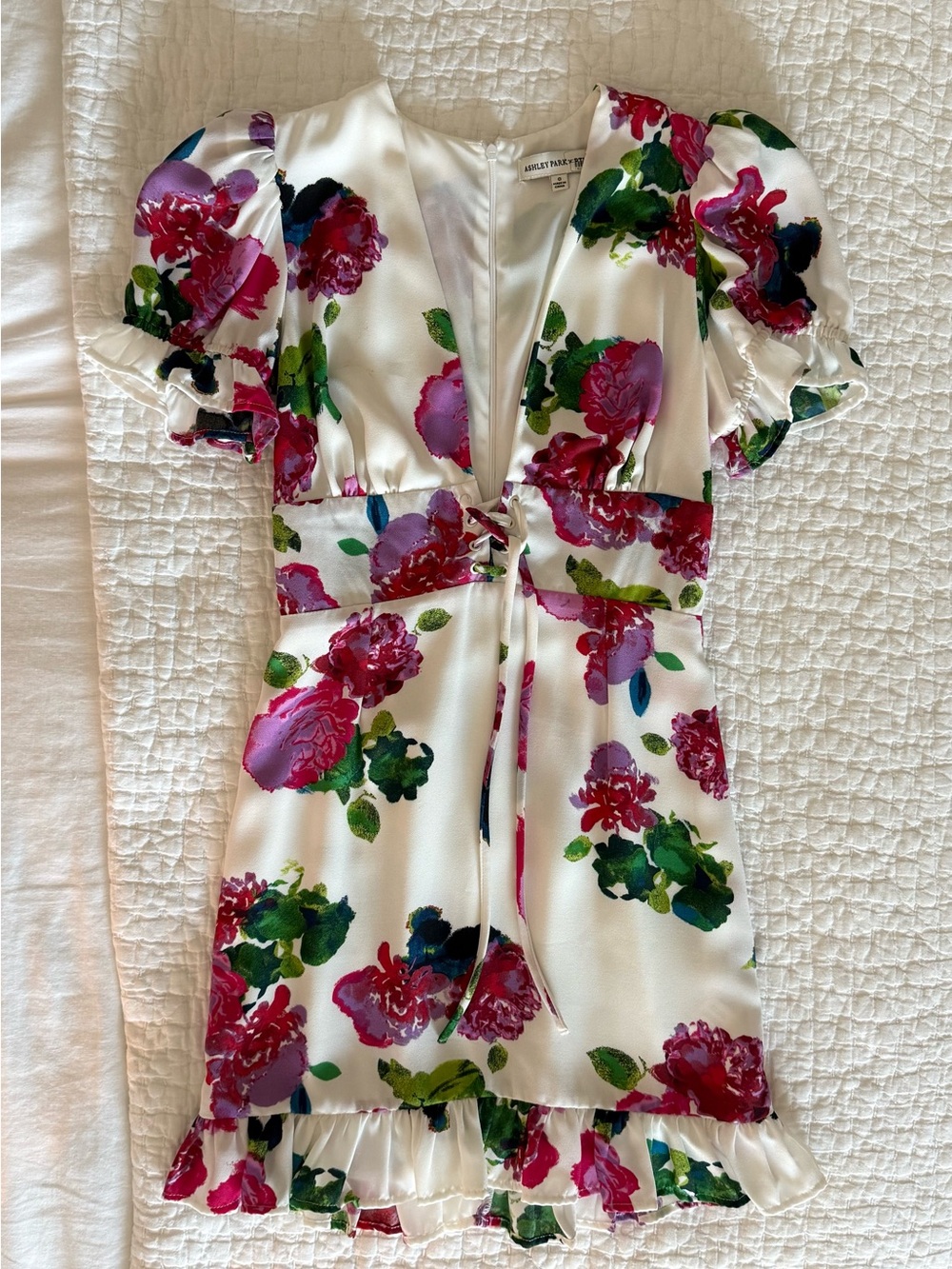 Ashley Park x RTR Floral Tie-Waist Mini Dress - White with Pink & Green Floral